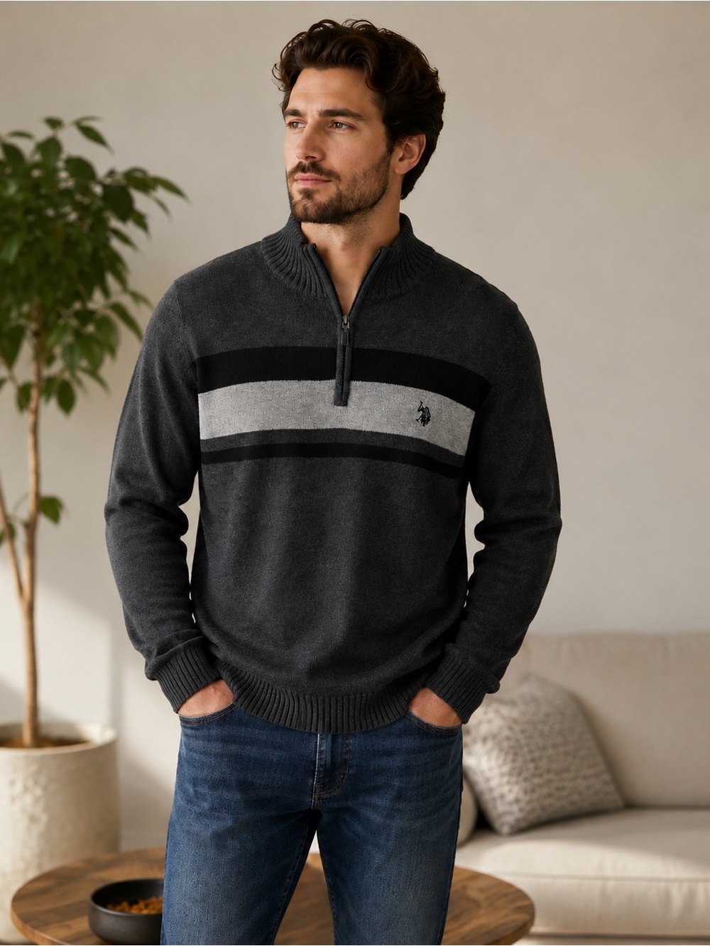 U.S. Polo Assn. Men's L Quarter Zip Colorblock Mock Neck Sweater Gray NWT
